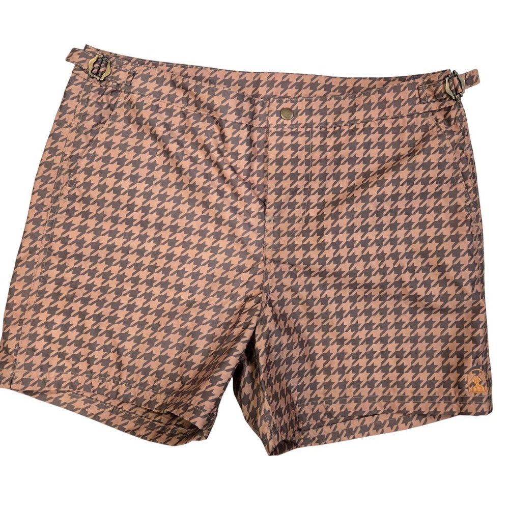 Dandy Del Mar Mens Houndstooth Swim Trunks Brown Tan Adjustable Side Cinches 32